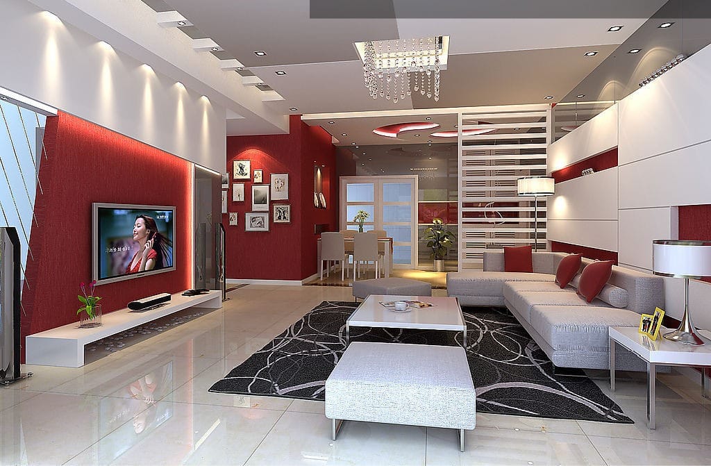 Salon rouge et blanc, design et moderne