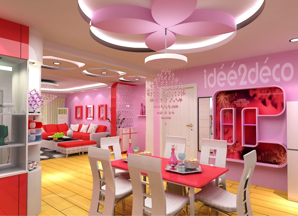 Une salle à manger rose bonbon