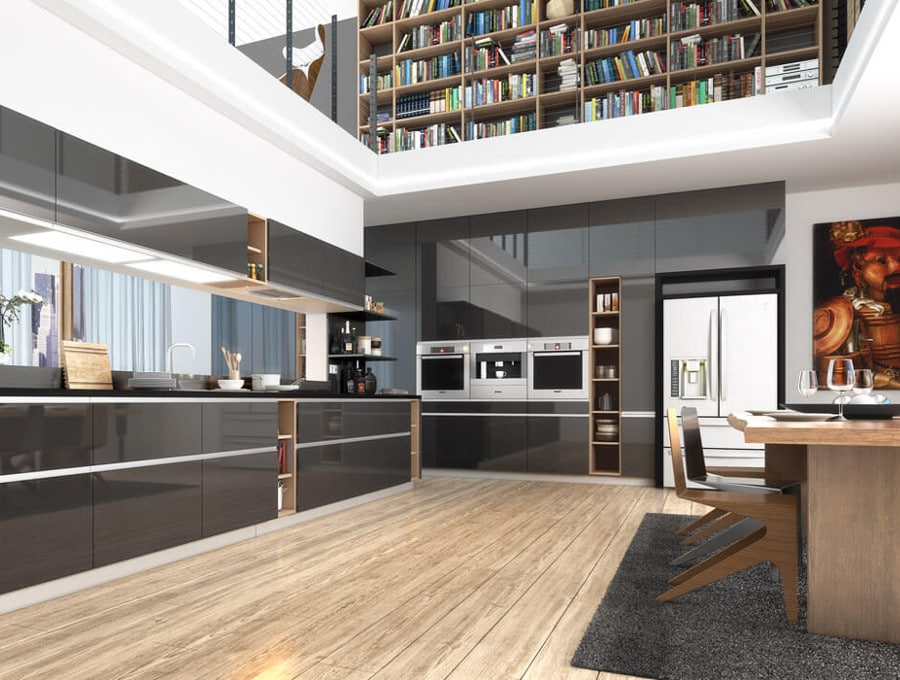 Cuisine contemporaine aux finitions brillantes.