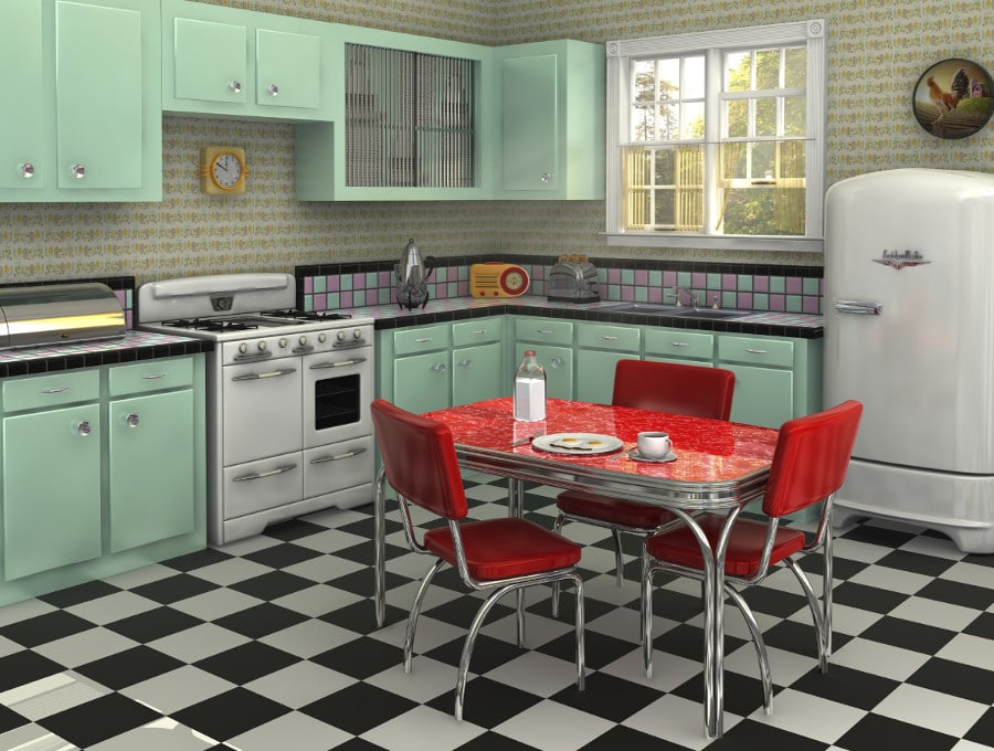 années 50 avec des façades pastel et la table à manger rouge. Source: pinshell.com