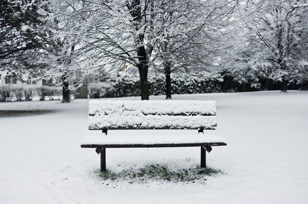 Banc de jardin tendance au milieu d'un décor hivernal splendide. Neige recouvrant la pelouse, les haies, les buissons, les différents arbres morts ainsi que le banc. crédit photo©Flickr