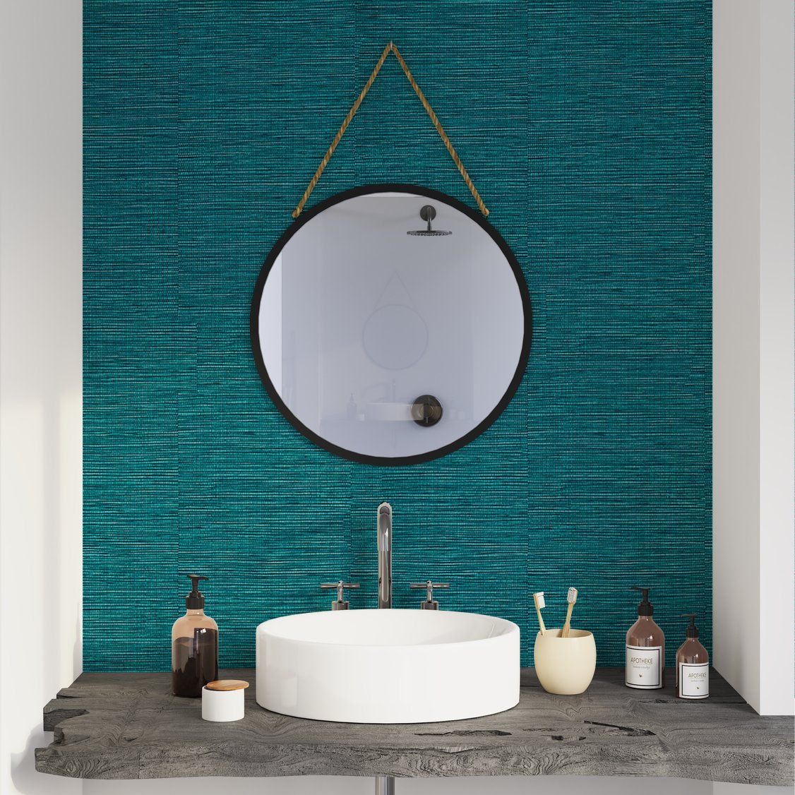 Un pan de mur couleur bleu pétrole, devant le plan de toilette en bois rustique un pan de mur, devant le plan toilette, couleur bleu pétrole