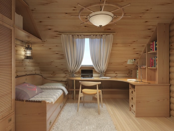 Chambre d'ado garçon style chalet tout en bois avec parquet et lit une place. Bureau en L arrondie avec tiroirs intégrés et étagères, chaise, lanterne suspendues, rideaux avec fenêtre et tapis gris-blanc. deco-chambre-ado-garcon-copyright-2-kuprynenko-andrii