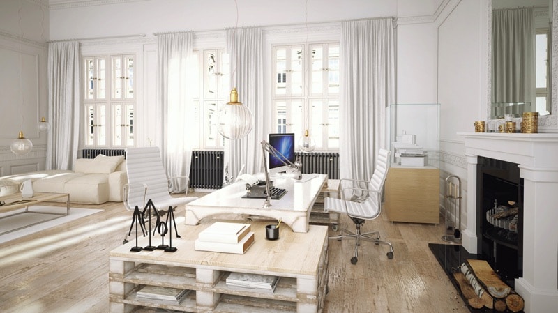 Bureau en palette en bois sycomore avec différents niveaux de rangements inférieurs. Salon moderne avec plusieurs fenêtres et une magnifique cheminée noire et blanche. bureau-en-palettes-de-bois-blanc