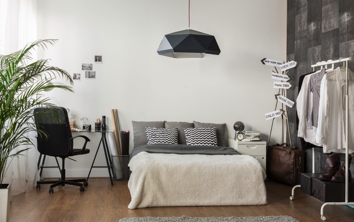 Déco sympa avec couleurs ternes grises et blanches pour une chambre d’ado fille. Lit deux places sur parquet, tapis, plante sur le côté et lampe design suspendue. chambre-ado-fille-photographee-eu-09034