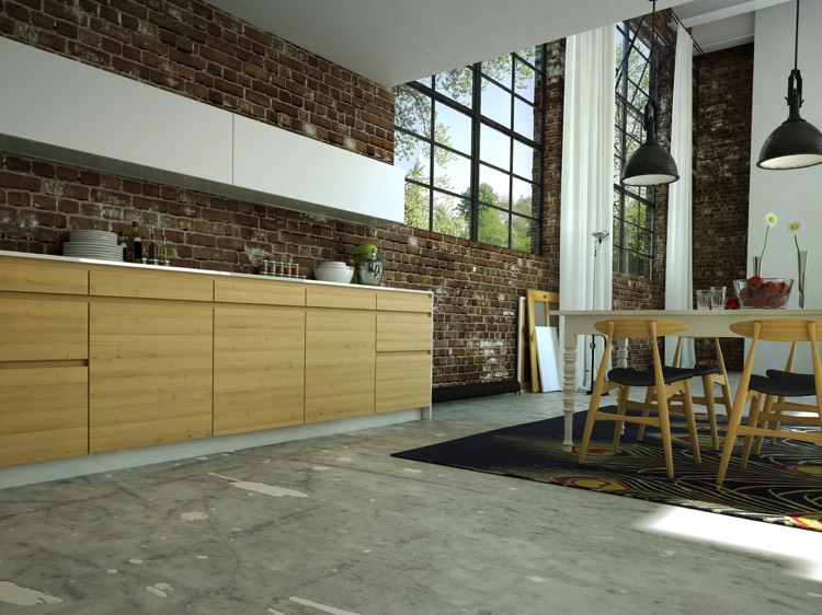 Mur en briques rouges avec plan de travail en I et rangements en bois. Tapis design contemporain moderne dessus table blanche avec deux lampes suspendues noires au-dessus.