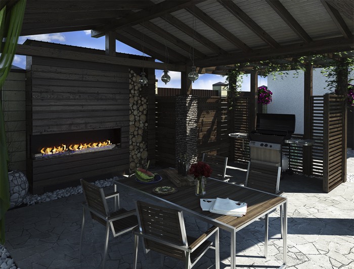 Terrasse en bois avec cheminée design. Barbecue en inox pour un été prolongé !