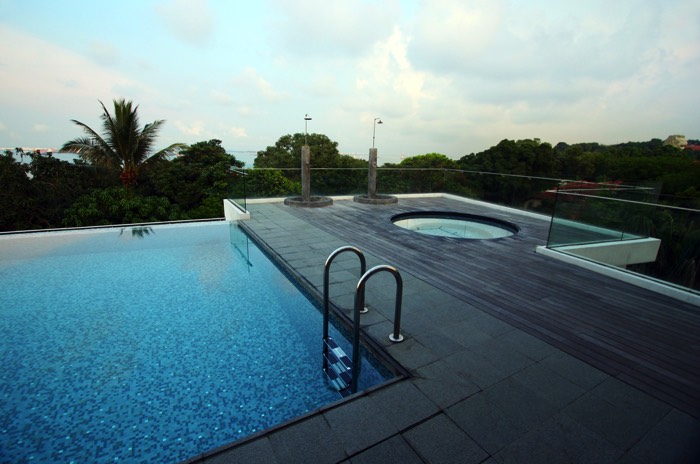 Aménager une terrasse zen en bois wengé avec spa à proximité d'une magnifique piscine avec petit échelle en acier. Paroi en verre autour.