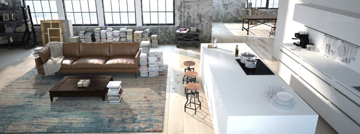 Cuisine moderne tout blanche avec plan de travail en L et rangements en hauteur et en-dessous. Salon à côté avec fauteuil beige et table basse marron en bois.