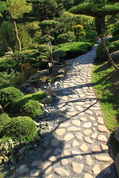 Petite allée en pierres avec jardin zen japonais moderne. Présence de plusieurs bonsaïs avec lac à proximité, buissons et cailloux.