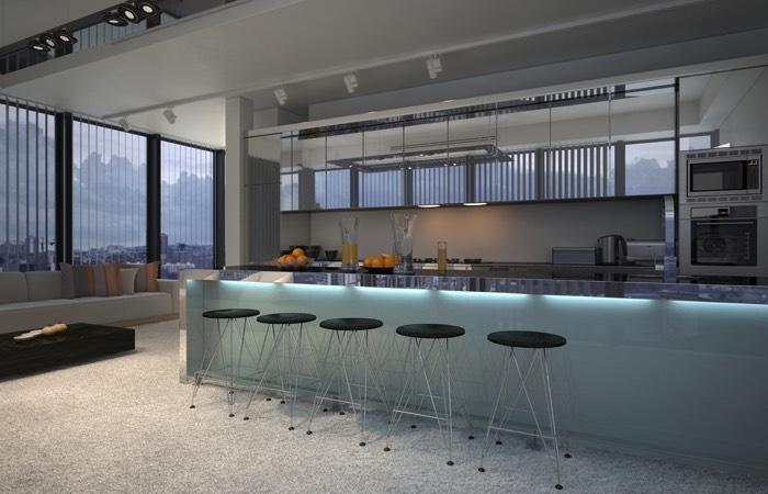 Cuisine grise moderne avec bar rétroéclairé en I et plusieurs sièges noirs ronds sur moquette. Canapé blanc avec table basse noire.