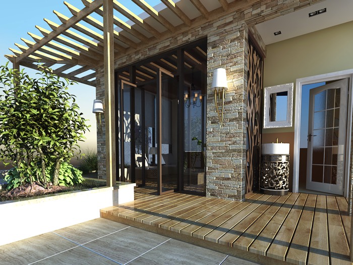 Aménagement d'une terrasse avec parquet extérieur en bois hêtre, baie vitrée et pergola attenante. Lampes blanches accrochées et porte en verre blanche. Aménagement d'une terrasse1
