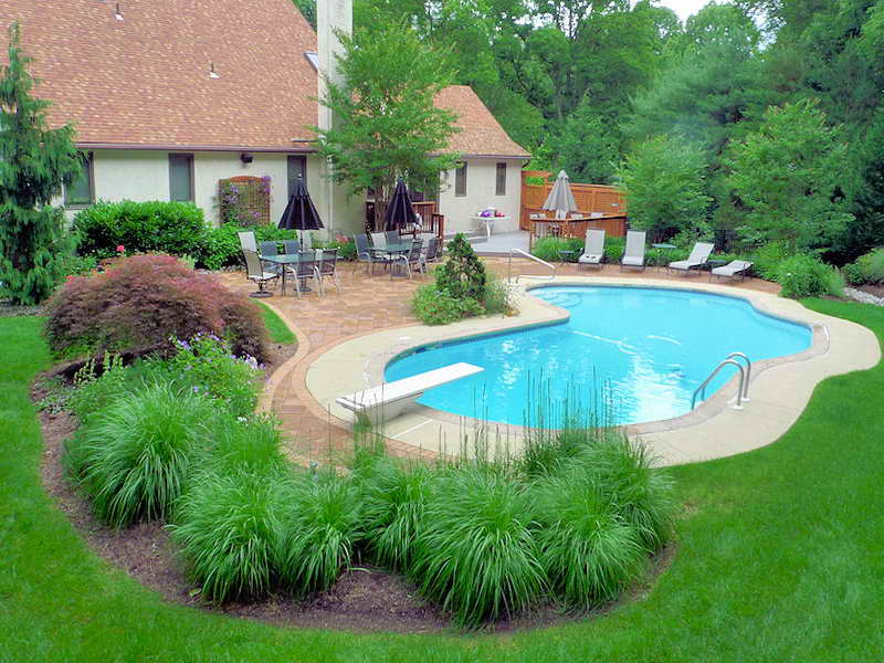 Aménager une piscine ovale avec jardin composé d'arbres, d'arbustes et de plantes grasses. Plongeoir blanc et terrasse avec parasols noirs, tables extérieures et transats blancs.