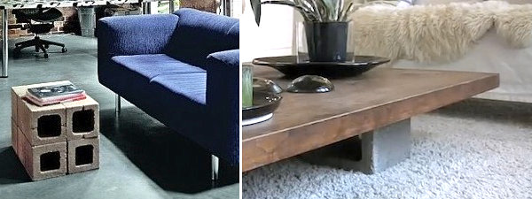 Idée parpaing servant de petite table avec canapé bleu sur la gauche. Idée parpaing pour support d'une table en bois sur la droite.