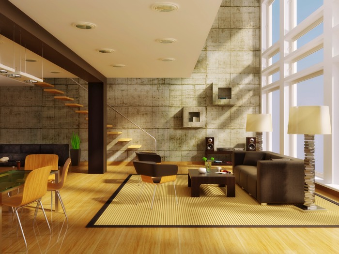 Salle à manger bois avec teintes de jaune sur parquet stratifié. Petit salon marron avec canapé, table basse et baie vitrée blanche.