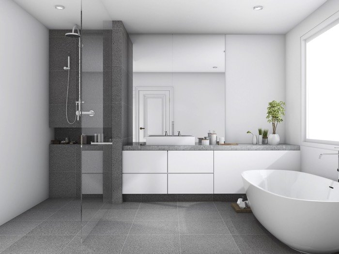 salle de bain design avec baignoire de designer. Plan 3D gris et blanc