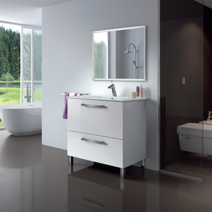 Un meuble de salle de bain sur pieds avec 2 grands tiroirs. Lavabo intégré.